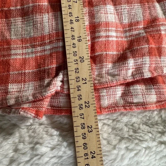 American Eagle Women's M Orange White Plaid Cropped Flannel Button Down Shirt - Picture 7 of 11
